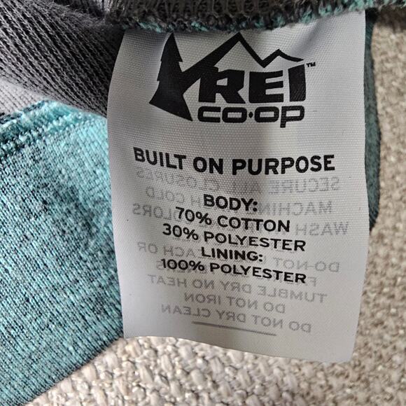 REI Hoodie Zip Up Sweatshirt Heathered Green with Black Trim Drawstring Hood  Lg - Picture 10 of 11